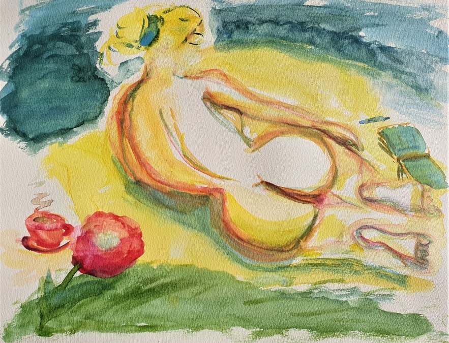 weiblicher Akt am Strand von Bansin, mit Buch und Schreibstift und Cappuccinotasse Aquarellmischtechnik mit Farben und Stiften auf Papier, &copy; Heike Dittrich