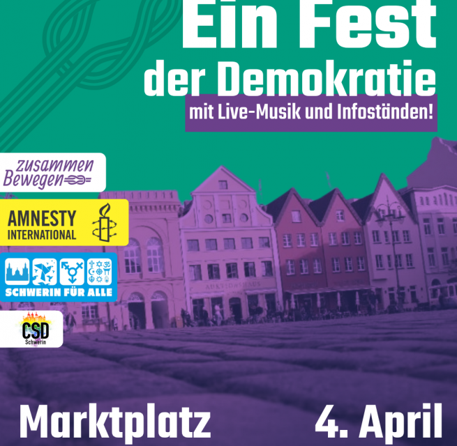 Fest der Demokratie. Marktplatz Schwerin. Am 04.04.2026 von 12-18.Bildhintergrund ist die Silhouette vom Marktplatz in Schwerin in lila gehalten. // &copy; Zusammen bewegen