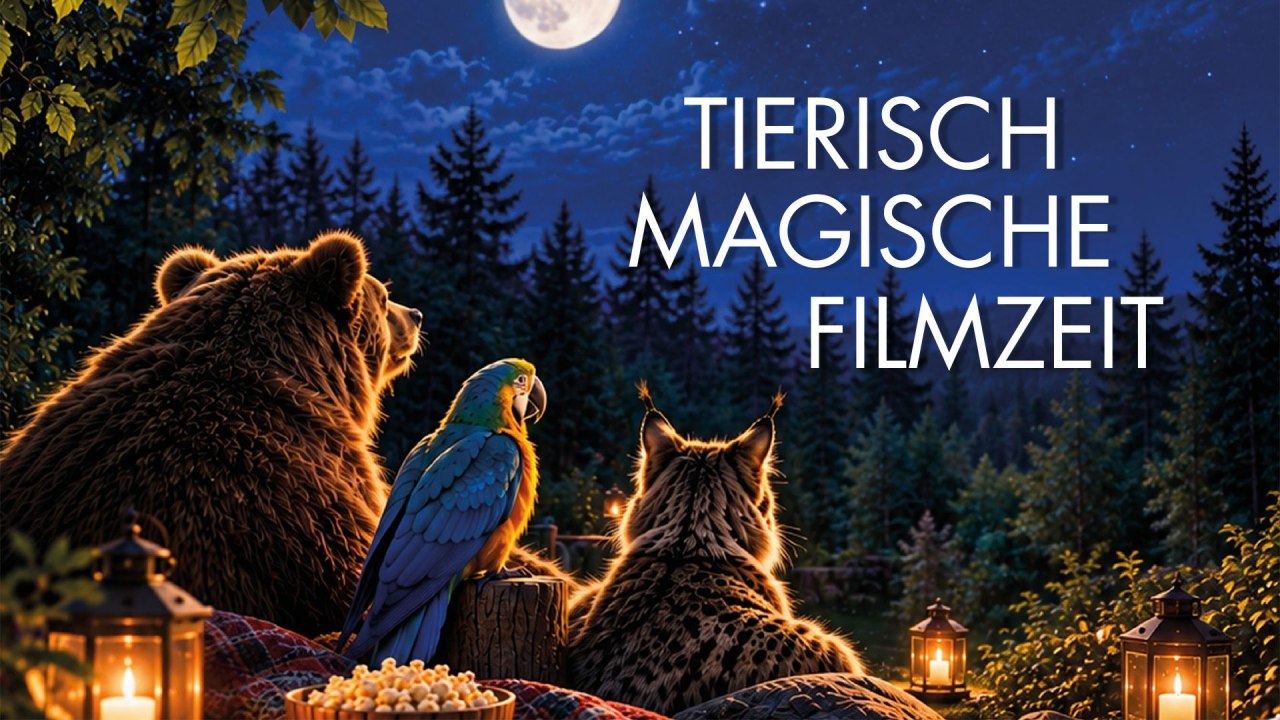 Ein Bild zur Bewerbung der Tierisch-magischen Filmzeit im Zoo Rostock auf dem ein Bär, ein Papagei und ein Luchs gemeinsam auf einer Decke zwischen Laternen und Popcorn im Wald sitzen. // © Zoo Rostock Ein Bild zur Bewerbung der Tierisch-magischen Filmzeit im Zoo Rostock auf dem ein Bär, ein Papagei und ein Luchs gemeinsam auf einer Decke zwischen Laternen und Popcorn im Wald sitzen. // © Zoo Rostock