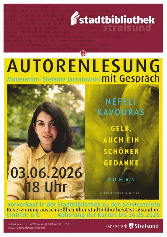 Affiche voor de auteurslezing met discussie op 3 juni 2026 om 18.00 uur in de Stadsbibliotheek van Stralsund // © Fotocredit: Stephan Obel Affiche voor de auteurslezing met discussie op 3 juni 2026 om 18.00 uur in de Stadsbibliotheek van Stralsund // © Fotocredit: Stephan Obel