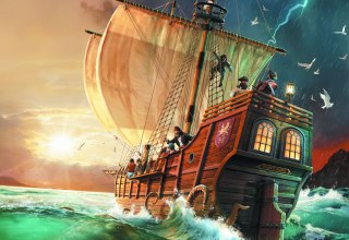 Spielcover - Piratenschiff im Sonnenuntergang, &copy; Stadtbibliothek Stralsund