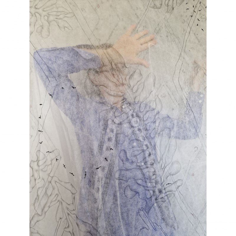 Künstlerin, Grafit, Tusche, Tinte, Garn hinter und auf transparentem Stoff, 2025 // © Karen Kunkel Künstlerin, Grafit, Tusche, Tinte, Garn hinter und auf transparentem Stoff, 2025 // © Karen Kunkel