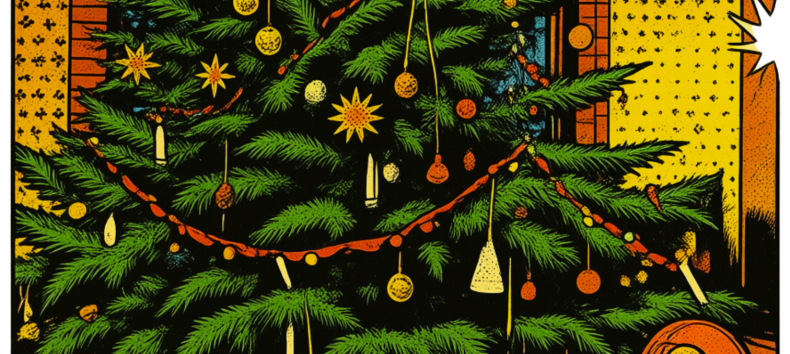 Der Weihnachtsbaum im Festsaal des M&ouml;ckelhauses im Stil einer Zeichnung aus einem M&auml;rchenbuch. // &copy; Stadt- und B&auml;dermuseum Bad Doberan