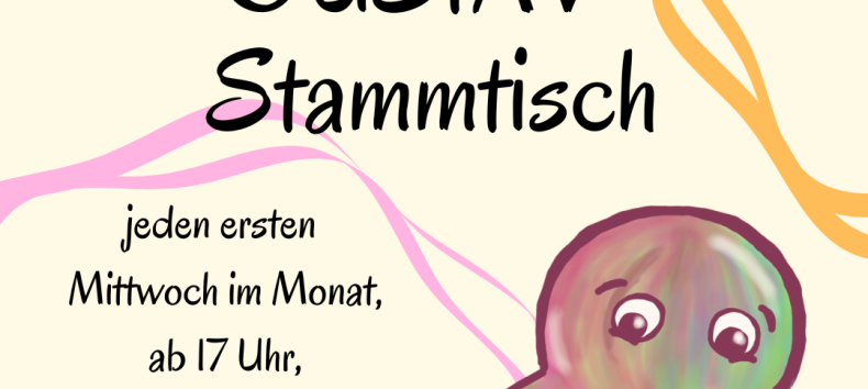 Unser Maskottchen Gustje, ein bunter Oktopus, l&auml;dt zum GUStAV-Stammtisch ins STRAZEcaf&eacute; ein. // &copy; GUStAV / Lark M. Toda