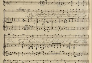 In einem Strelitzer Wirtshaus stimmt Herzog Johann Albrecht das Mecklenburglied an. Klavierauszug (Abschrift), &copy; Landesbibliothek Mecklenburg-Vorpommern G&uuml;nther Uecker, Mus 1891/12 a