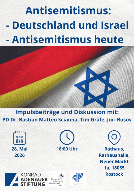 Sharepic zur Veranstaltung Die Flagge Israels und Deutschlands auf einen Weißen Hintergrund. // © KAS M-V Sharepic zur Veranstaltung Die Flagge Israels und Deutschlands auf einen Weißen Hintergrund. // © KAS M-V