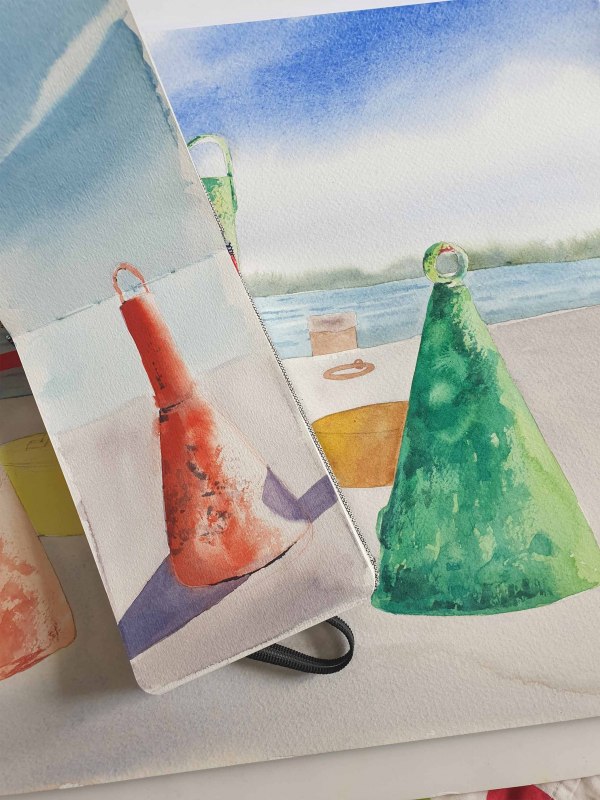 Buhnen am Hafen von Stralsund gemalt mit Aquarellfarben, &copy; Kristin Tessen