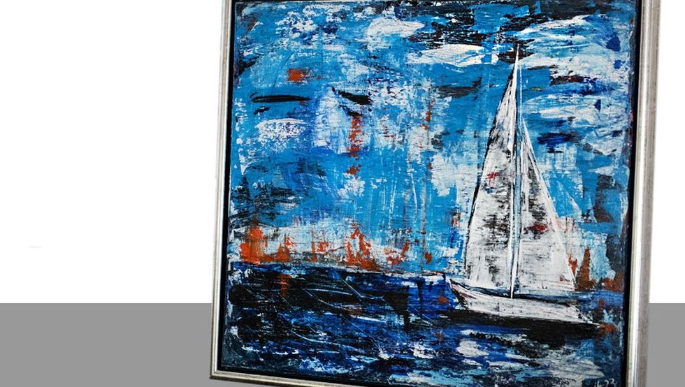 Der einsame Segler, Acrylbild 50x60 cm mit Schattenfugenrahmen, © Jana Bath