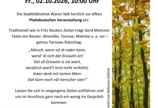 Kostenlos und ohne Anmeldung // © Stadtbibliothek Waren (Müritz) Kostenlos und ohne Anmeldung // © Stadtbibliothek Waren (Müritz)