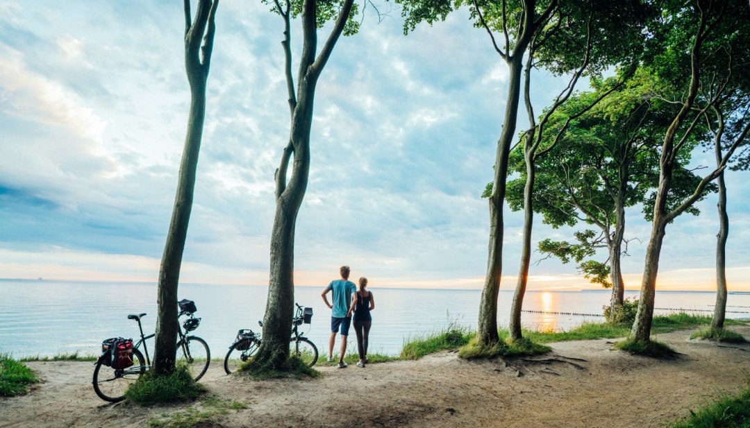 Een koppel staat in het spookachtige bos, hun fietsen leunen tegen de bomen en kijken naar de zonsondergang boven de Baltische Zee.