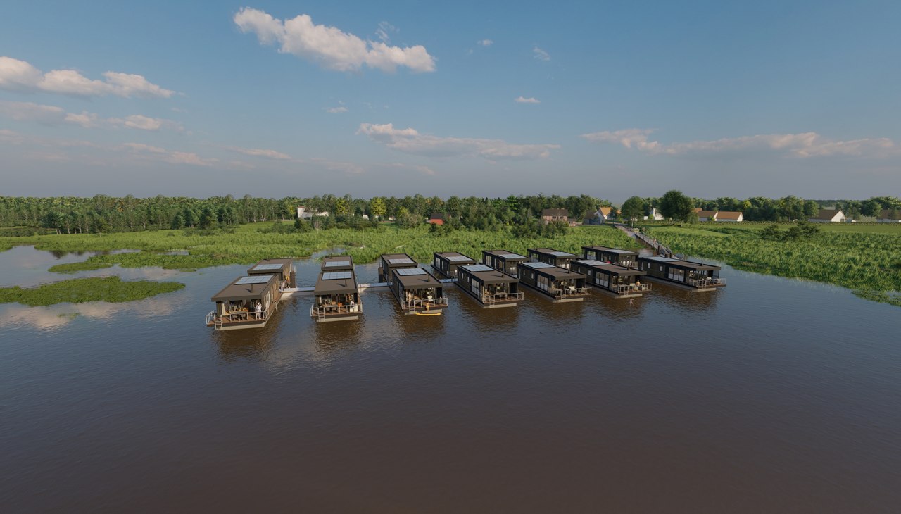 Blick auf die Steganlage des Hafenresorts Fuhlendorf mit den schwimmenden Ferienhäusern direkt am Bodstedter Bodden – maritimes Ambiente und Urlaub in exklusiver Lage., © Hafenresort Fuhlendorf / FHG floating house GmbH Blick auf die Steganlage des Hafenresorts Fuhlendorf mit den schwimmenden Ferienhäusern direkt am Bodstedter Bodden – maritimes Ambiente und Urlaub in exklusiver Lage., © Hafenresort Fuhlendorf / FHG floating house GmbH