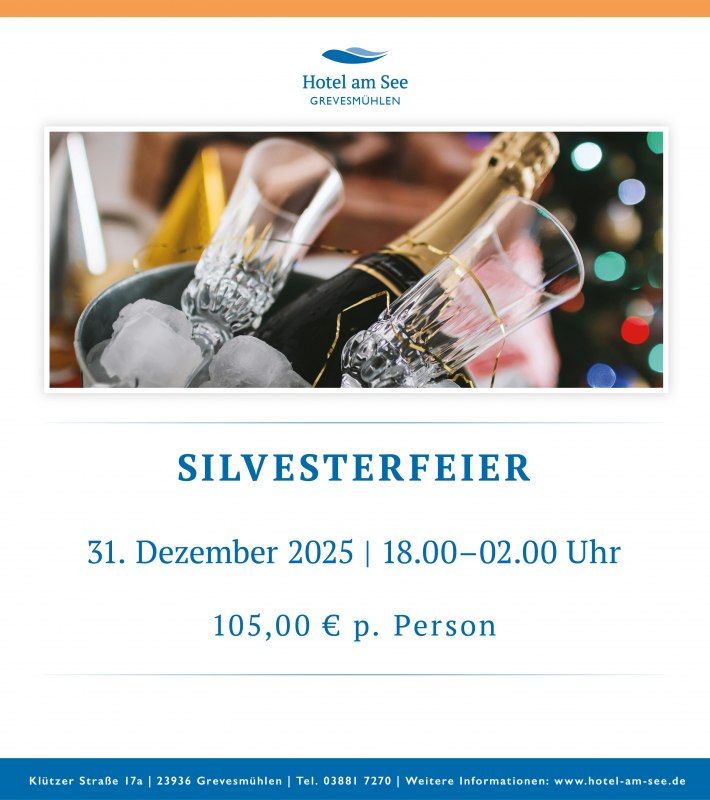 Feestelijk versierde zaal met buffet, drankjes en glinsterende nieuwjaarselementen, uitnodigend voor feesten. // &copy; spreepiraten&reg;